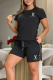 Black Casual Letters Embroidered Pocket O Neck Short Sleeve Two Pieces