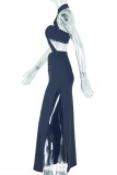 Black Sexy Solid Color Backless Slit Halter Long Dresses