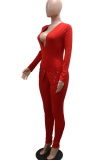 Red Casual Solid Color Slit Hot Drill V Neck Skinny Jumpsuits
