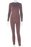 Dark Brown Casual Sportswear Daily Solid Color Basic O Neck Long Sleeve Two Pieces