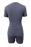 Blue Casual Daily Solid Color Basic O Neck Short Sleeve Two Pieces
