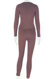 Dark Brown Casual Sportswear Daily Solid Color Basic O Neck Long Sleeve Two Pieces