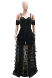 Black Sexy Solid Color Ruffle Mesh Spaghetti Strap Rompers