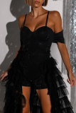Black Sexy Solid Color Ruffle Mesh Spaghetti Strap Rompers