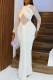 White Sexy Solid Color Patchwork See-Through Backless Belted V Neck Long Dresses
