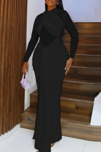 Black Sexy Solid Color Patchwork See-Through Backless Belted V Neck Long Dresses