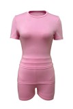 Blue Casual Daily Solid Color Basic O Neck Short Sleeve Two Pieces