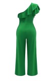 Green Casual Solid Color Patchwork Backless Flounce Oblique Collar Regular Jumpsuits