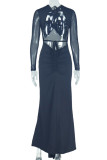Black Sexy Solid Color Patchwork See-Through Backless Belted V Neck Long Dresses