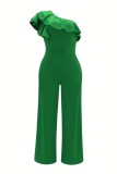 Green Casual Solid Color Patchwork Backless Flounce Oblique Collar Regular Jumpsuits