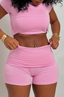 Pink Casual Daily Solid Color Basic O Neck Short Sleeve Two Pieces
