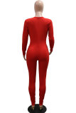 Red Casual Solid Color Slit Hot Drill V Neck Skinny Jumpsuits