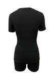 Blue Casual Daily Solid Color Basic O Neck Short Sleeve Two Pieces
