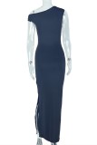 Black Sexy Elegant Solid Color Slit Oblique Collar Long Dresses