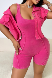 Pink Casual Solid Color Pocket Patchwork Turndown Collar Short Sleeve Two Pieces