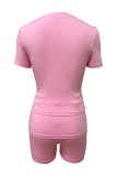 Blue Casual Daily Solid Color Basic O Neck Short Sleeve Two Pieces