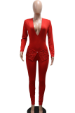 Red Casual Solid Color Slit Hot Drill V Neck Skinny Jumpsuits