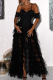 Black Sexy Solid Color Ruffle Mesh Spaghetti Strap Rompers