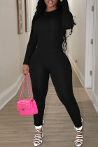 Black Casual Sportswear Daily Solid Color Basic O Neck Long Sleeve Two Pieces