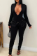 Black Casual Solid Color Slit Hot Drill V Neck Skinny Jumpsuits