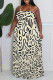 Apricot Sexy Colorblock Chain print Newspaper printing Backless Contrast Halter Printed Plus Size Dresses