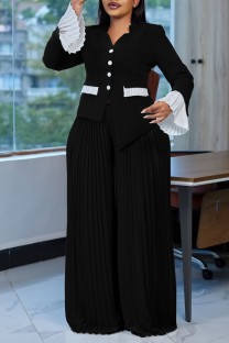 Black Casual Daily Patchwork Buttons Contrast V Neck Long Sleeve Two Pieces