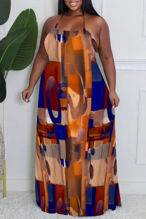 Orange Sexy Colorblock Chain print Newspaper printing Backless Contrast Halter Printed Plus Size Dresses