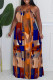 Orange Sexy Colorblock Chain print Newspaper printing Backless Contrast Halter Printed Plus Size Dresses