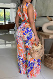 Green Sexy Casual Print Backless Belted Pile Heap Collar Regular Jumpsuits