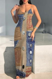 Multicolor Sexy Faux Denim Print Leopard Contrast V Neck Printed Dresses