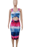 Red Blue Sexy Tie Dye Hollow Out Patchwork U Neck Wrapped Skirt Dresses