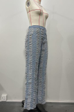 Light Blue Sexy Solid Color Ripped Straight Denim Jeans