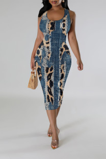 Leopard Print Casual Faux Denim Print Contrast U Neck Printed Dresses