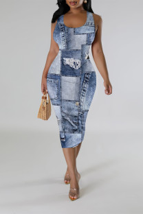 Baby Blue Casual Faux Denim Print Contrast U Neck Printed Dresses