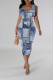 Baby Blue Casual Faux Denim Print Contrast U Neck Printed Dresses