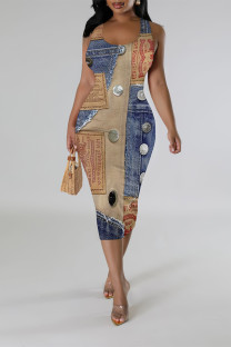 Blue Khaki Casual Faux Denim Print Contrast U Neck Printed Dresses