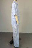 Blue Casual Stripe Buckle Patchwork Shirt Collar Half Sleeve Two Pieces
