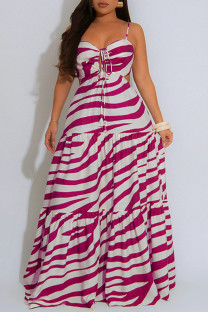 Rose Red Sexy Casual Print Backless Belted Spaghetti Strap Long Dresses