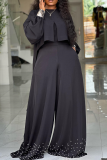 Black Casual Solid Color Beading Irregular O Neck Long Sleeve Two Pieces