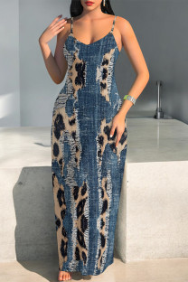 Leopard Print Sexy Faux Denim Print Leopard Contrast V Neck Printed Dresses