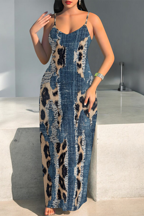 Leopard Print Sexy Faux Denim Print Leopard Contrast V Neck Printed Dresses