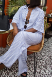 Blue Casual Stripe Buckle Patchwork Shirt Collar Half Sleeve Two Pieces