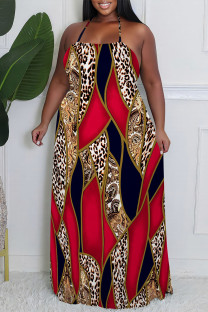 Red Sexy Colorblock Chain print Newspaper printing Backless Contrast Halter Printed Plus Size Dresses