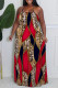 Red Sexy Colorblock Chain print Newspaper printing Backless Contrast Halter Printed Plus Size Dresses