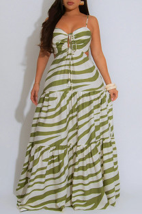 Green Sexy Casual Print Backless Belted Spaghetti Strap Long Dresses