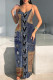 Dark Blue Sexy Faux Denim Print Leopard Contrast V Neck Printed Dresses