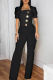 Black Casual Solid Color Buttons Asymmetrical Collar Regular Jumpsuits