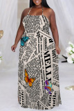 Red Sexy Colorblock Chain print Newspaper printing Backless Contrast Halter Printed Plus Size Dresses