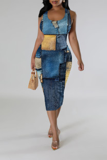 Khaki Casual Faux Denim Print Contrast U Neck Printed Dresses