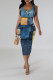 Khaki Casual Faux Denim Print Contrast U Neck Printed Dresses